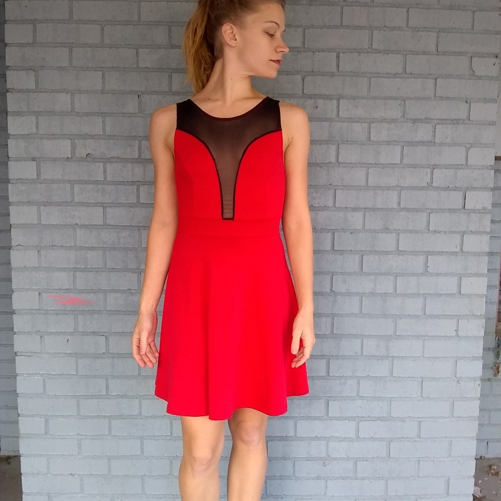Electric Red Skater Dress with Mesh Insert